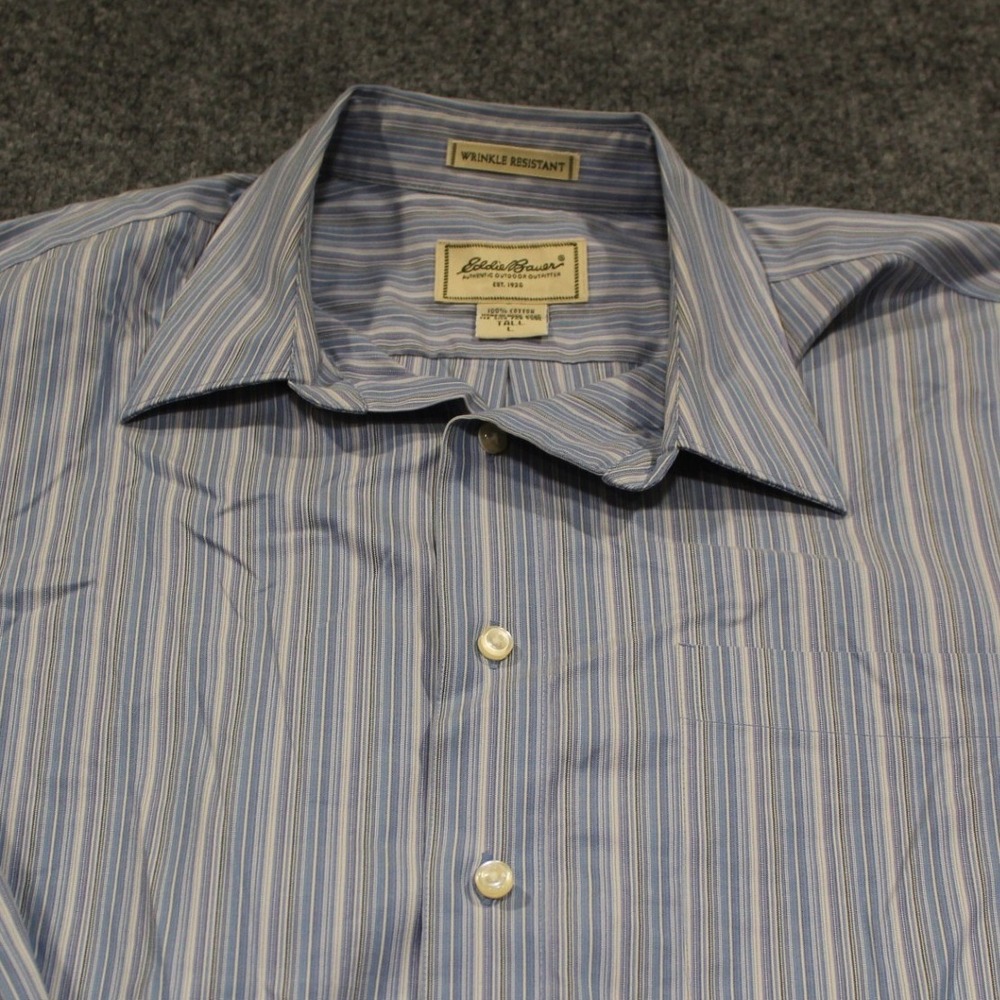 Eddie Bauer Mens Tall‎ L Blue White Stripe Wrinkle Resistant Cotton Dress Shirt